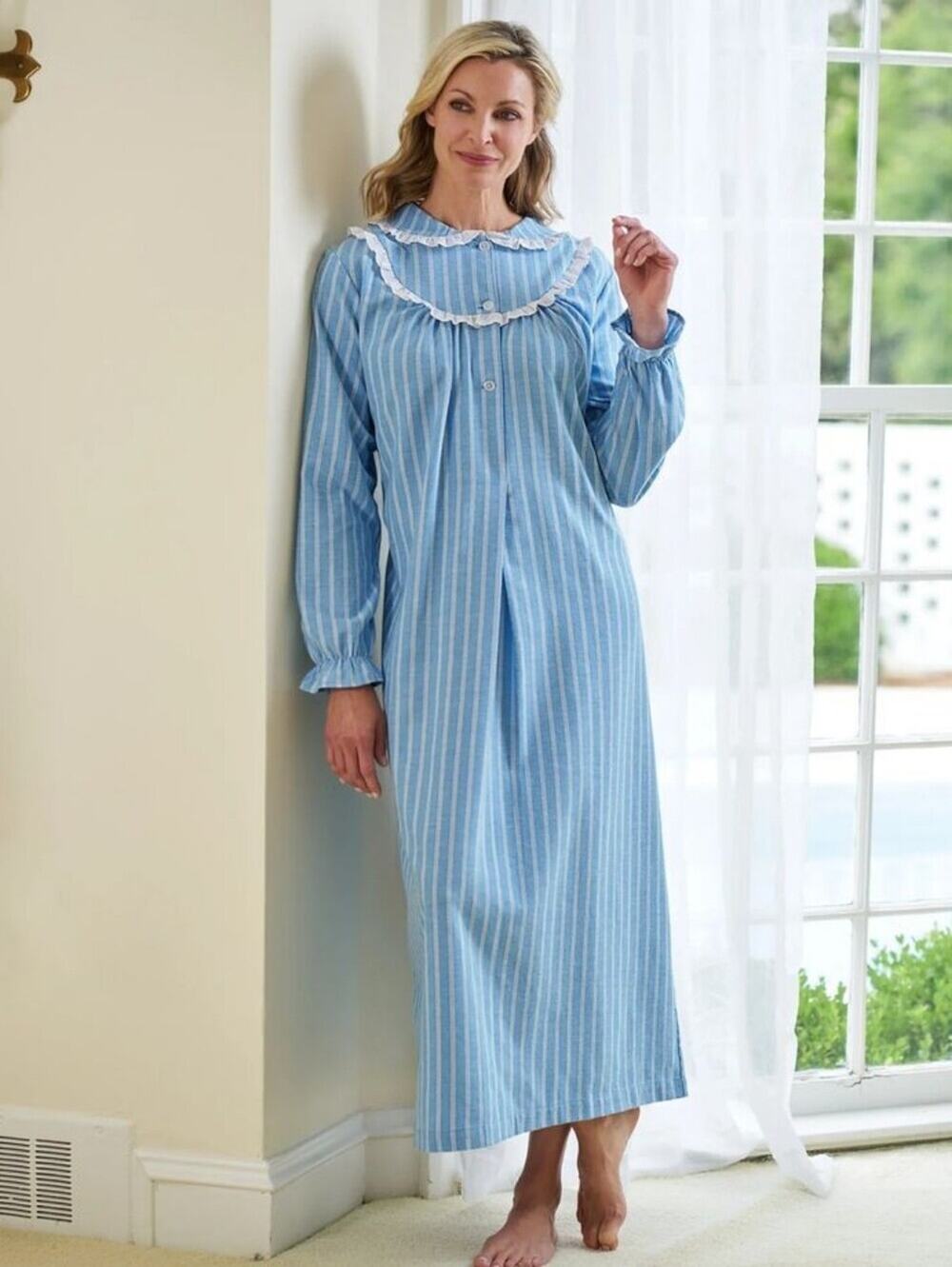 Vintage National Flannel Long Sleeve Nightgown Ruffle Blue Stripe 3X Cottagecore